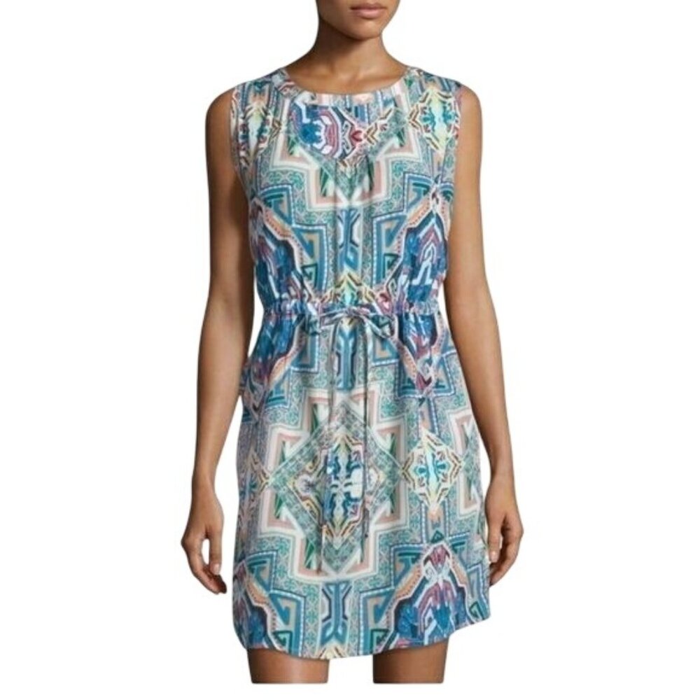 Geometric Print Drawstring Waist‎ Sleeveless Keyhole Neck Mini Dress